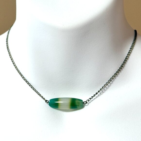 2/$20, Green Agate Short Necklace, Large Gemstone Bar Pendant & Bronze Chain - Picture 2 of 11